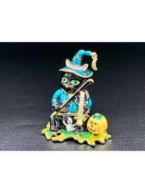 Black Cat Witch Trinket Box Enamel Hinged Halloween Pumpkin Ghost